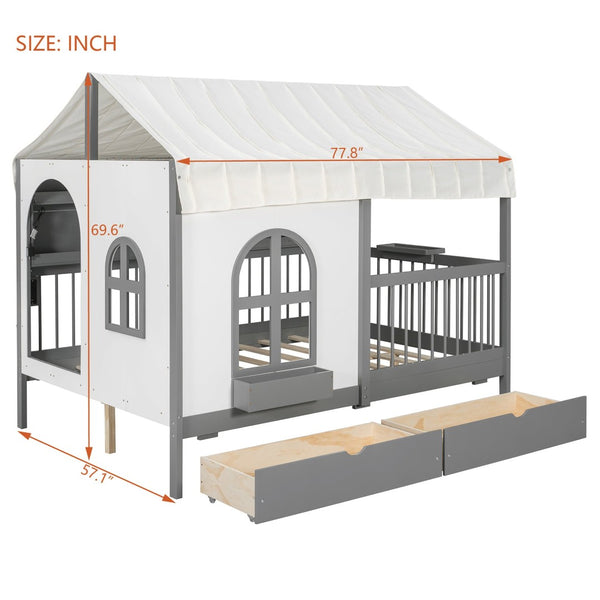 English Elm Full Size Kids House Bed with Led Bookshelf Storage Drawers and Charging Station Gray LP000378AAE