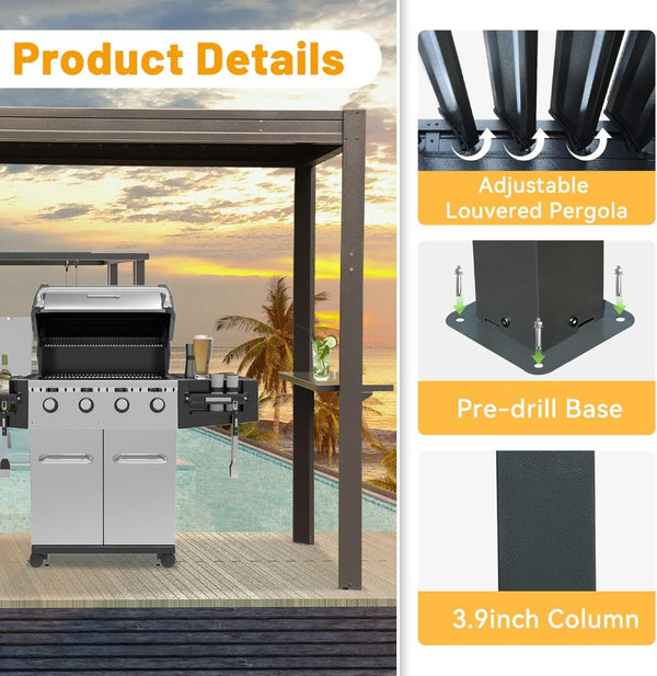 English Elm 8x5 Outdoor Hardtop Louvered Pergola Steel Grill Shelter with Gutter and Adjustable Roof Brown W1859S00177