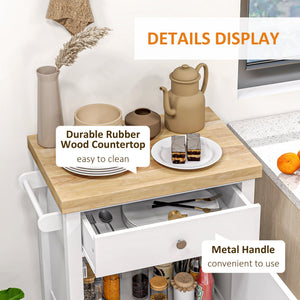 English Elm HOMCOM Rolling Kitchen Cart with Rubberwood Butcher Block Top, Drawer Cabinet Shelf & Towel Rack White W2225P217386