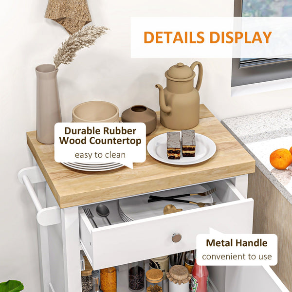 English Elm HOMCOM Rolling Kitchen Cart with Rubberwood Butcher Block Top, Drawer Cabinet Shelf & Towel Rack White W2225P217386