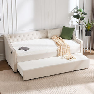 English Elm Twin Velvet Daybed with Pull Out Trundle Tufted Back Usb Port and Side Pockets Beige W1361S00035