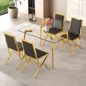 English Elm Table and Chair Set 7 Piece Round Walnut Mdf Industrial Dining with Pu Seats Black+Gold,Transparent W1151S04790