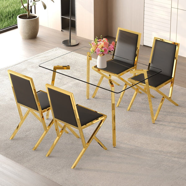 English Elm Table and Chair Set 7 Piece Round Walnut Mdf Industrial Dining with Pu Seats Black+Gold,Transparent W1151S04790