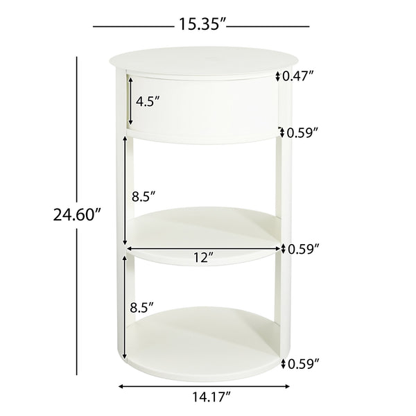 English Elm Christopher Knight Home® - Indoor 3-Tier Metal Round Side Table with Sliding Door Cabinet, Sturdy Iron, No-Assembly Modern Chic Matte White N772P301522W