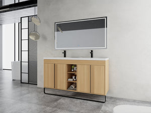 English Elm 60" Freestanding Bathroom Vanity with Dual Resin Sink, 4 Soft-Close Doors, 3 Open Shelves & Towel Hanger, Plywood Storage Boxes, Modern Durable Hardware W999S00480