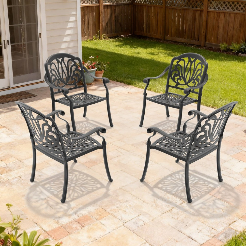 English Elm Cast Aluminum Outdoor Dining Chairs Set of 4 with Carved Relief Frame and Brown Cushions W1710S00504