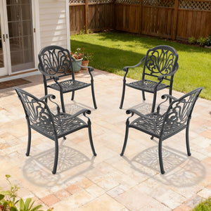 English Elm Cast Aluminum Outdoor Dining Chairs Set of 4 with Carved Relief Frame and Brown Cushions W1710S00504