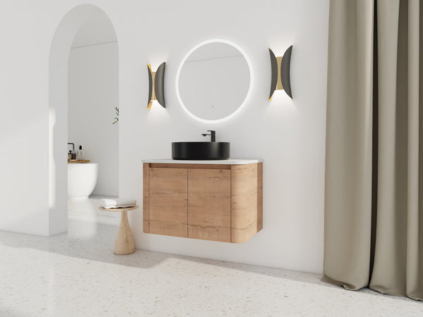 English Elm 30'' Wall-Mounted Bathroom Vanity With Ceramic Art Sink & Soft-Close Doors For Modern Style W999S00388
