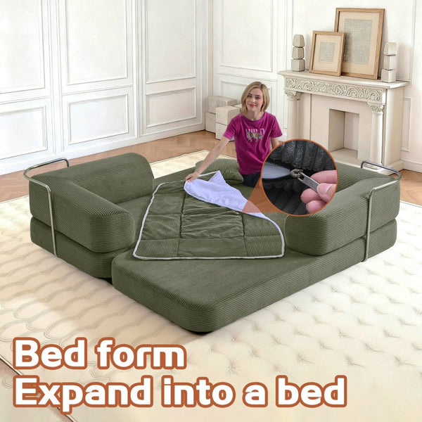 English Elm Floor Sofa Bed Modular Corduroy Convertible Lounge with Steel Frame for Living Room Antique Green W3565P397194