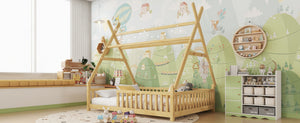 English Elm Twin Montessori Floor Bed House Frame with Led Lighting and Safety Rails for Kids Natural W2593P440591