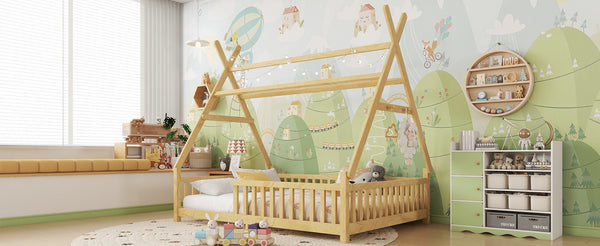English Elm Twin Montessori Floor Bed House Frame with Led Lighting and Safety Rails for Kids Natural W2593P440591