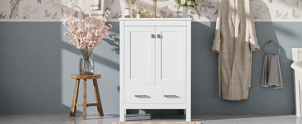 English Elm 24-inch Modern Bathroom Vanity with Ceramic Sink, Soft-Close Doors, Drawer Divider & Ample Storage White N729P299440K