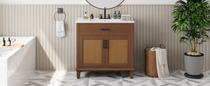 English Elm Christopher Knight Home® - 36" Rattan Bathroom Vanity with Ceramic Sink and Soft-Close Drawers, Handwoven Door Texture, Solid Wood Legs, Spacious Storage Elegance Brown N817P271077B