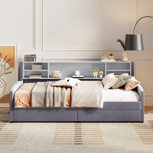 English Elm Twin Velvet Upholstered Platform Bed with Plush Headboard, Underbed Drawers & Hidden Cabinet Storage Gray SF000183AAE