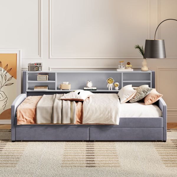 English Elm Twin Velvet Upholstered Platform Bed with Plush Headboard, Underbed Drawers & Hidden Cabinet Storage Gray SF000183AAE