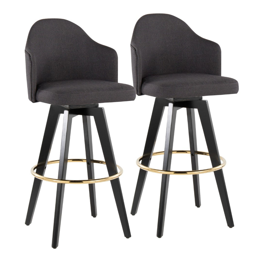 English Elm Fixed-height Swivel Barstools Charcoal Upholstered Seats Gold Footrest Set of Two B202S01863
