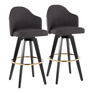 English Elm Fixed-height Swivel Barstools Charcoal Upholstered Seats Gold Footrest Set of Two B202S01863