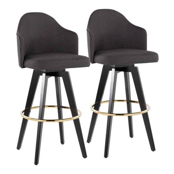 English Elm Fixed-height Swivel Barstools Charcoal Upholstered Seats Gold Footrest Set of Two B202S01863