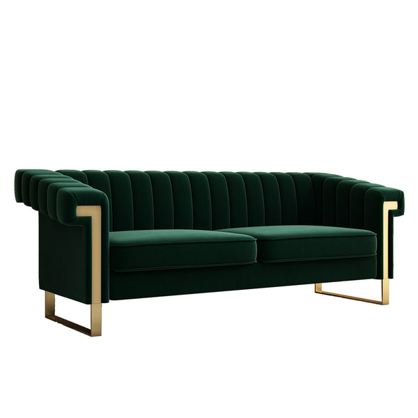 English Elm FX-P81-RG2 Black Velvet Chesterfield Sofa with Gold L Legs, Channel Tufted 3-Seater for Glam Rooms W576S00089