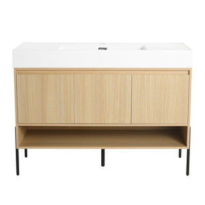 English Elm 48" Oak Bathroom Vanity Combo with One-Piece Resin Sink, Tripod Legs, Multi-Layer Solid Wood Cabinet W1972S00010