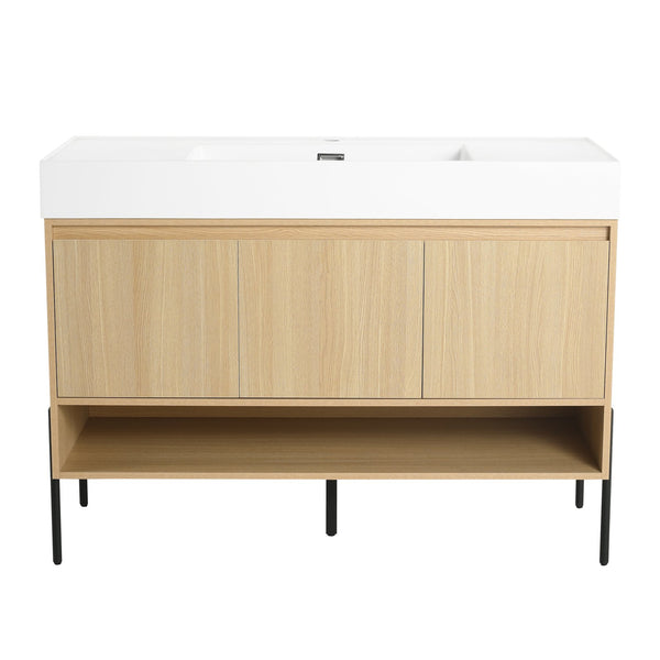 English Elm 48" Oak Bathroom Vanity Combo with One-Piece Resin Sink, Tripod Legs, Multi-Layer Solid Wood Cabinet W1972S00010