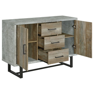 English Elm Sedona Weathered Oak Accent Cabinet with Faux Cement Frame, 3 Drawers, Shelves, Gunmetal Legs B062P351425