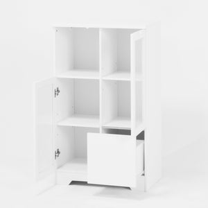 English Elm MDF Painted Storage Cabinet with Glass Doors, Drawer & Open Shelves, White Modern Buffet for Home W409P171460