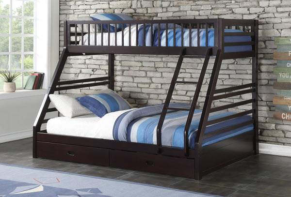 English Elm Jason Twin/Full Bunk Bed with Built-In Storage Drawers, Solid Wood Frame, Slatted Guardrail Design Espresso 85.5 L x 20.1 W x 12.4 H B2726S00488