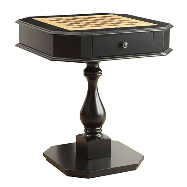 English Elm Black Matte Pedestal Game Table with Chessboard Top and Two Storage Drawers B062P189142