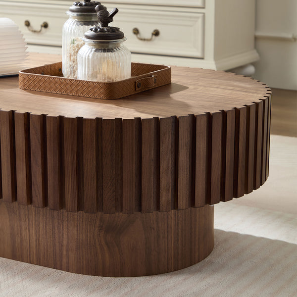 English Elm 43.70 Inch Modern Handcraft Drum Coffee Table Oval Wood MDF Pedestal Accent Table for Living Space Elegance Walnut W2582P250586