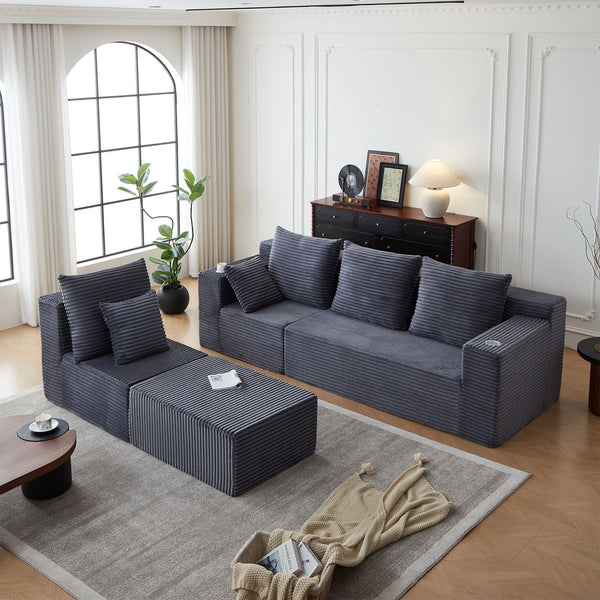 English Elm Deep Seat Corduroy Modular Cloud Couch - Oversized Comfort, Cup Holders & No Assembly Needed! W848S00052