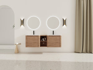 English Elm 60'' Wall-Mounted Vanity with White Ceramic Sink, Plywood Shelves, Soft-Close Door, Scratch & Water-Resistant Finish W999S00381