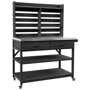 English Elm K&K 64.9" Outdoor Potting Bench with 1.2" Stainless Steel Top, Lockable Wheels, Hutch & Drawers Black N707P228274B