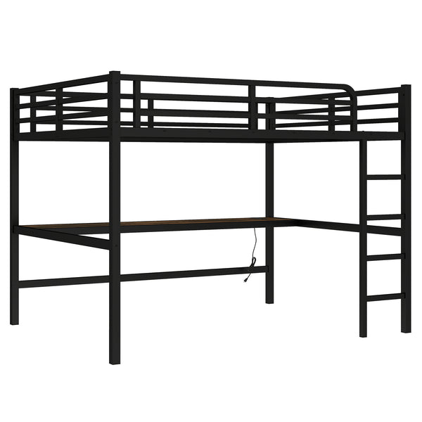 English Elm Metal Queen Loft Bed With Integrated Desk, Power Outlet & Led Lights - Space-Saving Black Design W1580S00107