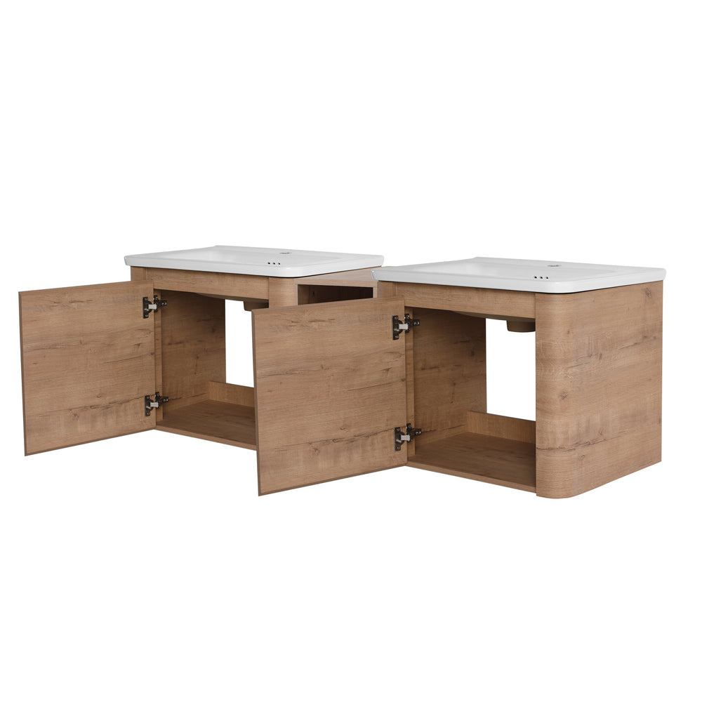 English Elm 60'' Wall-Mounted Vanity with White Ceramic Sink, Plywood Shelves, Soft-Close Door, Scratch & Water-Resistant Finish W999S00381