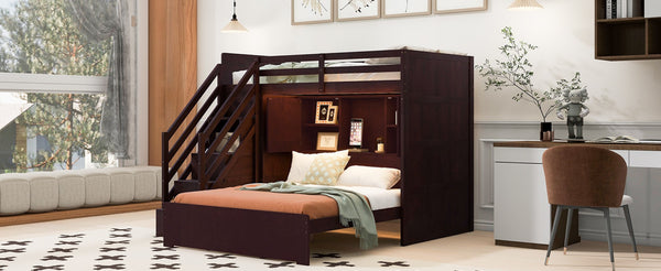 English Elm Twin Over Full Bunk Bed with Wardrobe Storage Stairs Shelves and Usb Charging Espresso LT000292AAP
