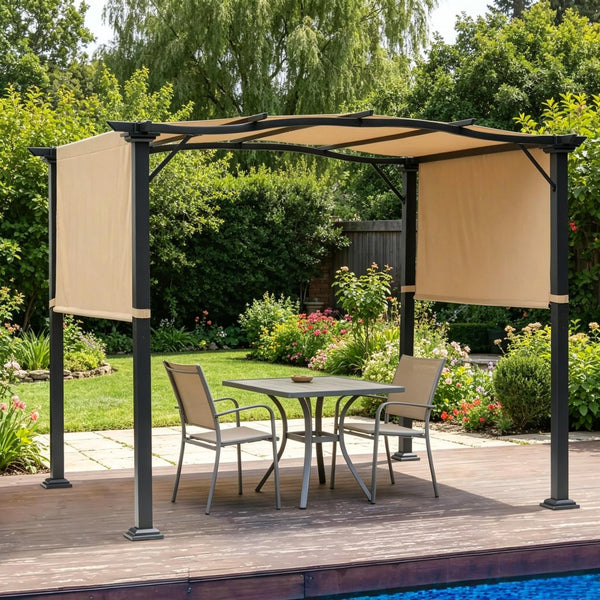 English Elm Backyard European Pergola with Retractable Uv Canopy and Powder Coated Steel Frame T3971S00232