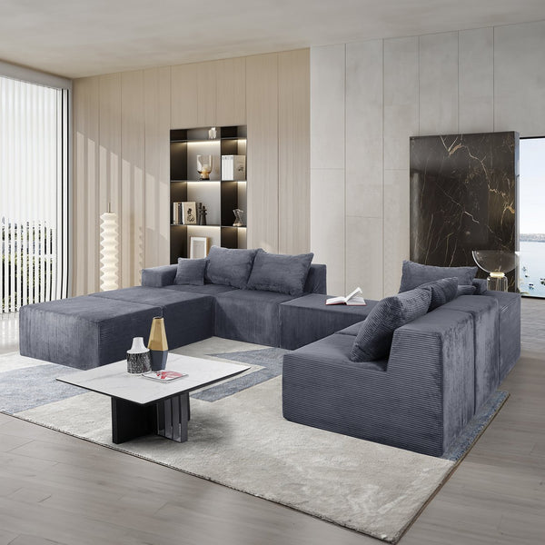 English Elm 8-Piece Modular U-Shaped Sectional Sofa with Oversized Chaise and Bed, Corduroy Luxury, No Assembly Needed Grey W3163S00041
