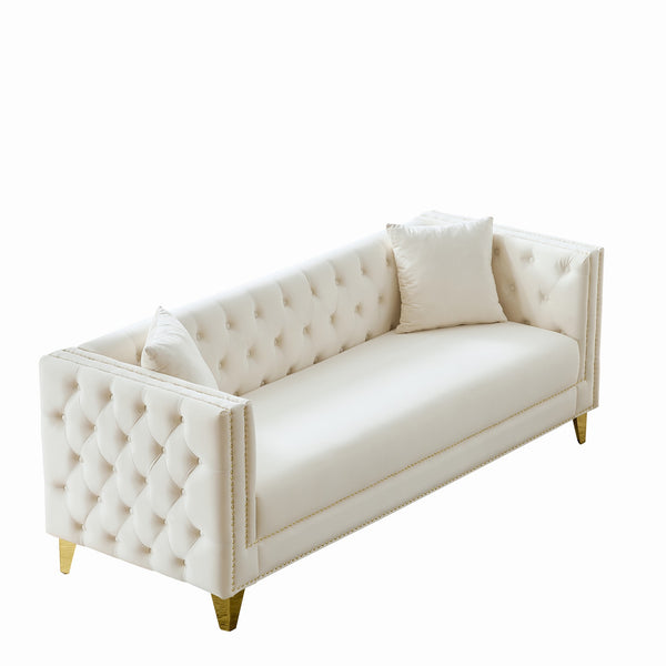 English Elm 80"Chesterfield Velvet Sofa with Tufted Buttons & Nailhead Trim, Deep-Seated 3-Seater, Solid Wood Frame Beige W3373S00026