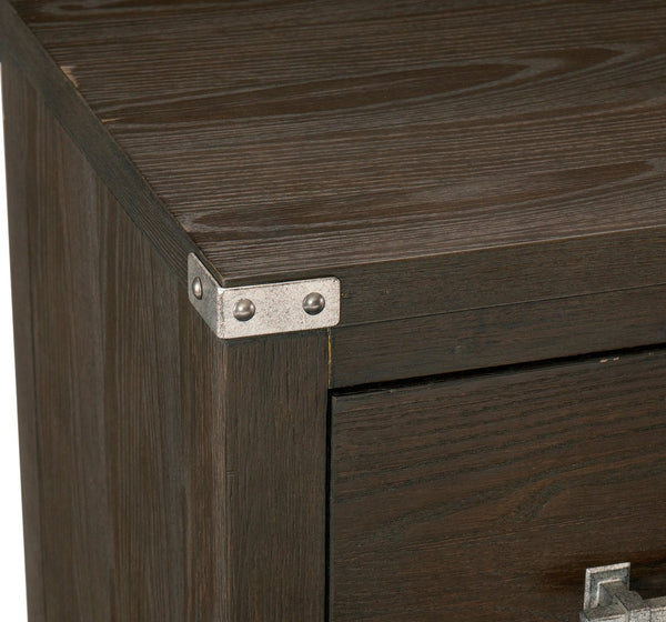 English Elm Dark Brown Bellamy Nightstand with 2 Drawers, Ash Veneer Finish and Mottled Silver Bar Pulls — Modern Transitional Bedroom B011P212249