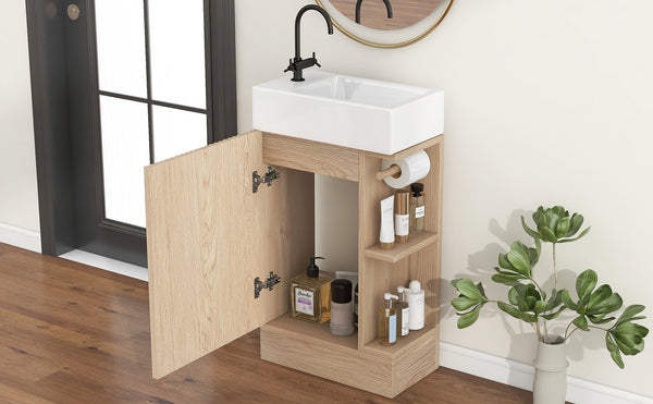 English Elm 18.6" Bathroom Vanity with Sink and Ceramic Top, MDF Cabinet with Door, TP Holder & Shelf Natural N725P212181N