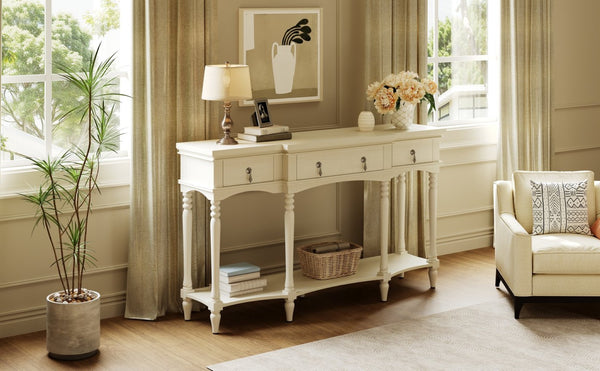 English Elm [video] Solid Pine Console Table Ornate Carved Legs Copper Hardware Soft-close Drawers White N759P433566K