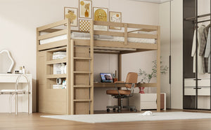 English Elm Wood Full Size Loft Bed with Built-In Desk, Wardrobe, Shelves & Drawers for Space-Saving Rooms Walnut GX000466AAD
