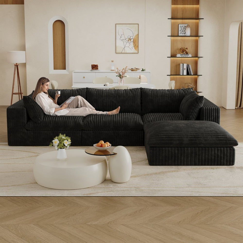 English Elm 118.2" Modular Cloud Sofa Corduroy Upholstered Deep Seat Lounge for Living Room Black W2824S00181