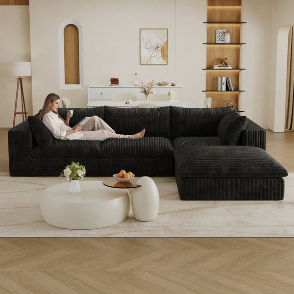 English Elm 118.2" Modular Cloud Sofa Corduroy Upholstered Deep Seat Lounge for Living Room Black W2824S00181