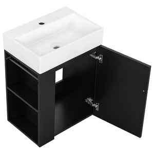 English Elm 20 Modern Wall-Mounted Bathroom Vanity with Ceramic Sink, Diamond Door, Gold Handles & Shelves — Compact Black N725P314033B
