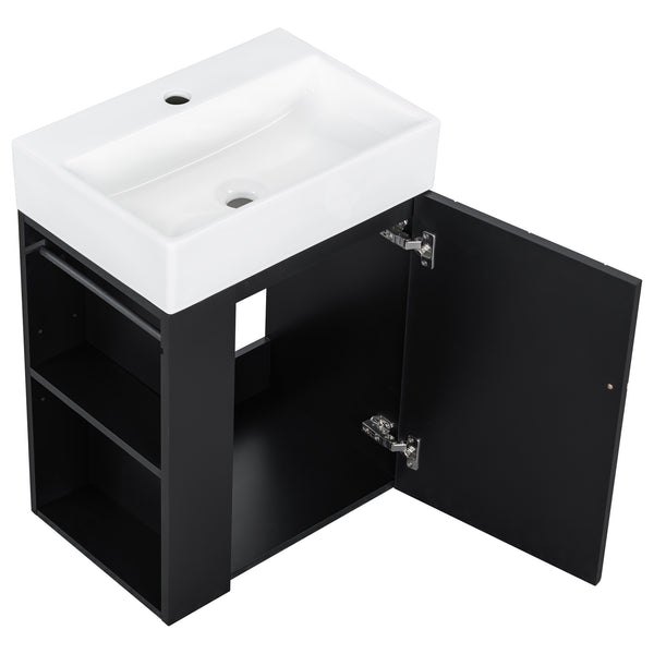 English Elm 20 Modern Wall-Mounted Bathroom Vanity with Ceramic Sink, Diamond Door, Gold Handles & Shelves — Compact Black N725P314033B