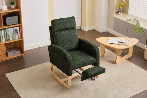 English Elm Modern Baby Rocking Chair Upholstered Nursery Glider with High Back, Solid Wood Frame, Side Pocket Dark Green W2725P239017