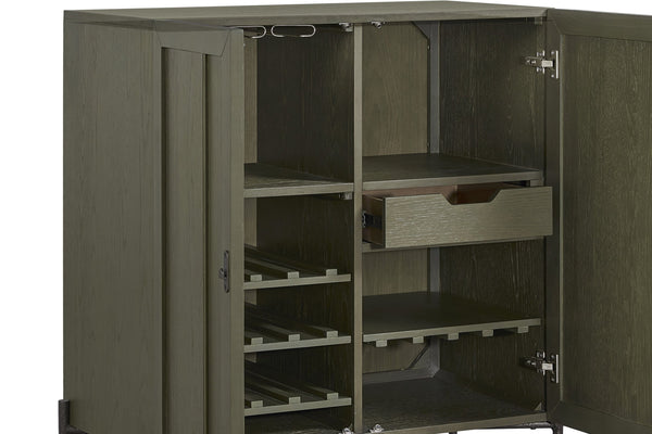 English Elm Bar Cabinet Pistachio Finish Solid Wood & MDF w/ Wine Racks, Stemware Storage, Pull-Out Drawer, Ample Capacity B2699P383330