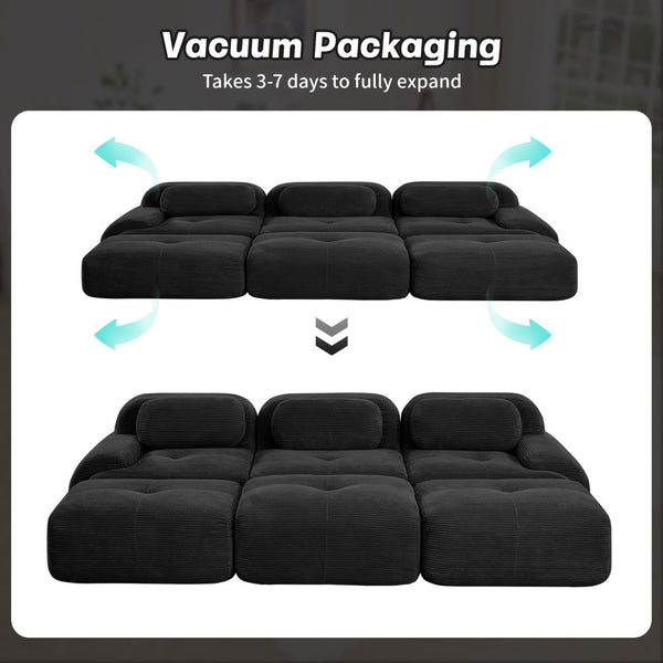 English Elm Three-seat Modular Corduroy Sectional Sofa with Ottomans for Living and Media Rooms Black W714S01278